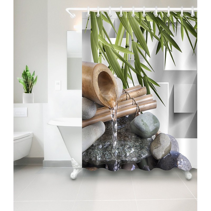 LB Japanese Zen Bamboo Shower Curtain Asian Spa Zen Stone