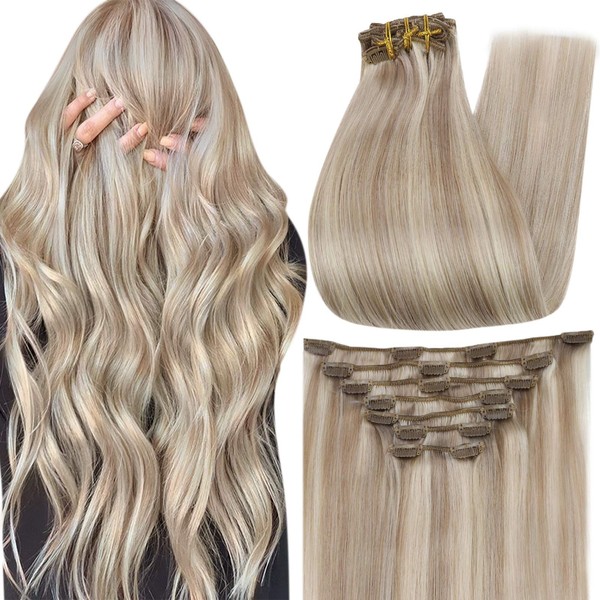 Full Shine Clip in Human Hair Extensions 12 Inch Clip in Hair Extensions Blonde Highlights Color 18 Ash Blonde Mix 613 Clip in Extensions 7 Pieces Thick Ends Remy Straight Hair 80 Grams