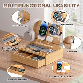 Pezin & Hulin Wood Nightstand Organizer Tray, Bamboo Phone Docking Station with Drawer, Bedside Valet Tray for Multi-Device, Ideal for Husband Him Boyfriend Graduation Christmas (Natural)