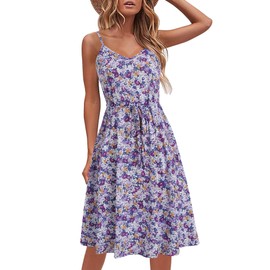 HELYO Summer Dresses Women Brunch Casual Cotton Sleeveless Spaghetti Strap Adjustable Waist A Line Sundresses Dress with Pockets 826 (L, Purple Floral)