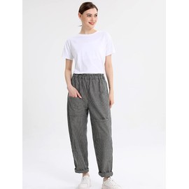 Minibee Women's Wide Leg Harem Pants Cotton Linen Striped Casual Palazzo Pants with Pockets Stripes-Gray M
