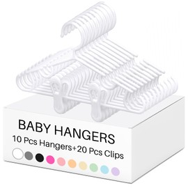 Hsei 5/10/40 Pack Baby Hangers with 10/20/80 Clips, Plastic Kids Pants Hangers for Nursery Closet Top and Bottom Clothes Hanger Set for Newborn Infant Toddler(30 Packs Total,White,10.6 Inch)