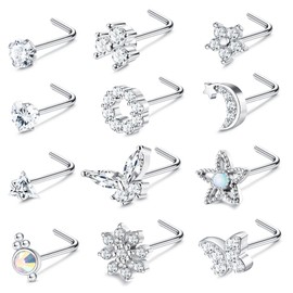 Dochais 9-12 Pieces Nose Studs 316L Stainless Steel Set, Nose Stud L Shape, Nose Piercing Plug, Flowers Butterflies Heart Nose Stud, Piercing Helix Plug for Women Men 20G, Stainless Steel