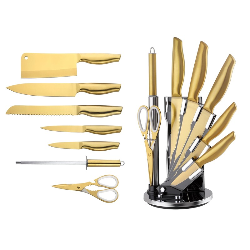 Gold Knife Set，8Pcs Gold Titanium-Coated Dishwasher Safe Kitchen Knife Block