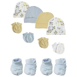 Bambini NC-0218 Baby Boy Caps with Infant Mittens & Booties White & Blue - Preemie - Pack of 10