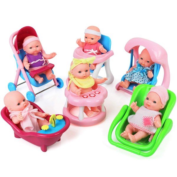 Click N' Play Set of 6 Mini 5" Baby Girl Dolls with Accessories, Stroller, High Chair, Bathtub, Infant Seat, Swing, Walker