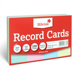 Silvine 8x5" Multi-coloured Record Cards - Lined with headline, 100 cards per pack. Ref 585AC (203 x 127mm)