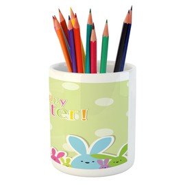 Ambesonne Easter Pencil Pen Holder, Pale Polka Dotted Background with Colorful Cartoon Bunnies Abstract Animal Design, Printed Ceramic Pencil Pen Holder for Desk Office Accessory, Multicolor