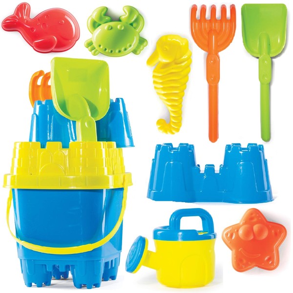 Prextex 10 Piece Beach Toys Sand Toys Set, Bucket with Sifter, Shovel, Rake, Watering Can, Animal and Castle Sand Molds