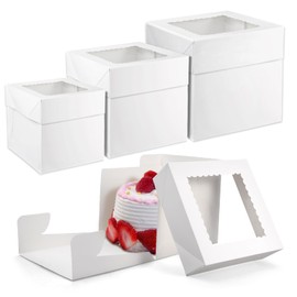 Lemecima 12 Pcs Cake Box, Tall Cake Boxes with Window in 3 Sizes 12x12x8 10x10x8 8x8x8 Inches, Bakery Boxes Disposable Carrier Take Out Container, 2 or 3 Tier for Valentine's Day Mother's Day