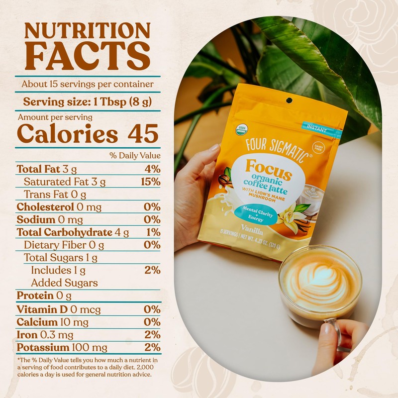 Four Sigmatic Vanilla Focus Mushroom Coffee Latte Plant-Based Organic Instant