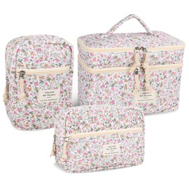 Anfly Makeup Bag, Quilted Cosmetic Bags, Large Floral Make Up Organize bag, Cute Makeup Bag Set for Women Girls, Travel Toiletry Bag (Little Flower)