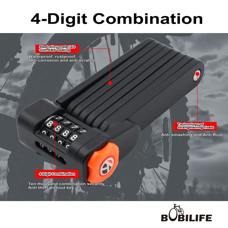 Foldable Bike Lock with Mount Bracket, 4-Digit Combination Anti Theft