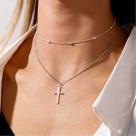 Xmsrn Vintage Layered Cross Necklace Religious Cross Pendant Necklace Thin Ball Chain Necklace Silver Retro Cross Choker Necklace Tiny Cross Chain Necklace Jewelry for Women