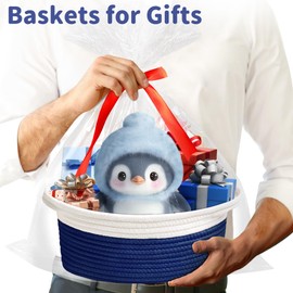 Yeeeasy Small Woven Basket with Gift Bags and Ribbons Cute Baskets for Gifts Empty 12"x8"x5" Small Rope Toy Basket for Babies Baskets for Storage, White & Navy Blue