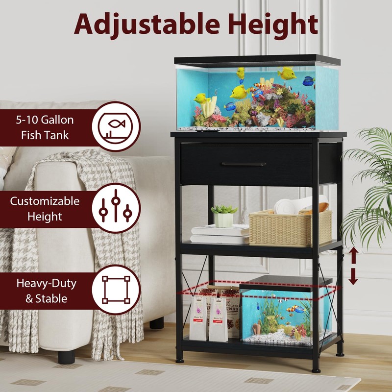 5-10 Gallon Fish Tank Stand with Adjustable Height and Drawer,