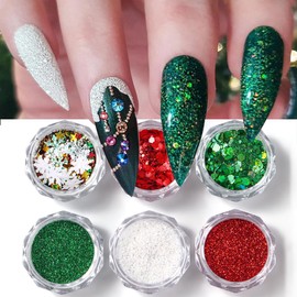 6 Boxes Christmas Nail Art Glitter Sequins 3D Holographic Winter Snowflake Nail Glitter 3 Colors Manicure Fine Glitter Powder Holographic White Green Red Winter Nail Flakes for Women Girls Nail Decor