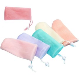 6Pcs Random Color Exfoliating Mesh Soap Pouch Bubble Foam Net Bag for Body Facial Cleaning Tool,for Shower Saver Pouch Drawstring Foaming Net Soap Bag Used Repeatedly Easy to Store Cleansers