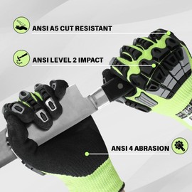 Work Gloves Men Women, ANSI A5 Cut Resistant Gloves, Impact Gloves with TPR Protection, Heavy Duty Work Glove with Grip, Touch Screen Mens Work Gloves for Construction, Large