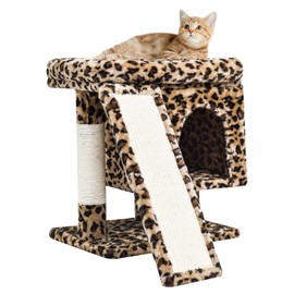 SYANDLVY Small Leopard Print Cat Tree with Perch for Indoor Cats, Cat Tower with Scratching Post, Modern Activity House for Large Cats, Condo with Board, Kittens Cave