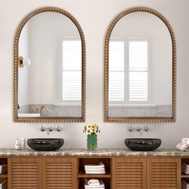 ironsmithn Gold Arched Mirror, Ornate Baroque Mirror, 24"x40" Marlowe Antique Traditional Mirror, Metal Beaded Frame Vintage Mirror for Fireplace Bedroom Bathroom Living Room Entryway