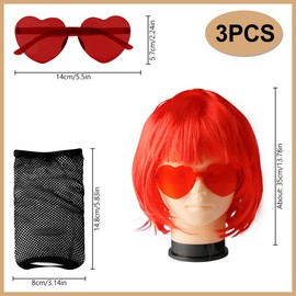 Lotsdonxia 3PCS Colourful Wig & Sunglasses Set Exquisitely Designed Straight Hair Head Covers Dress Up Suitable for Games, Parties, Festivals, and Cosplay (Red)