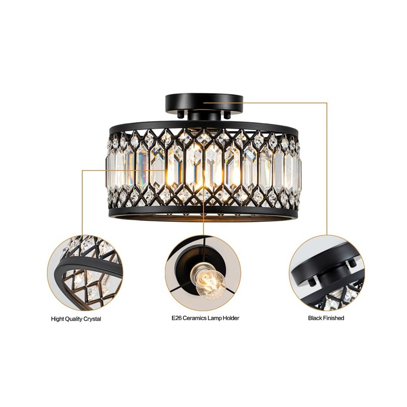 Zlepmlla Crystal Black Ceiling Light, Modern Semi Flush Mount Ceiling