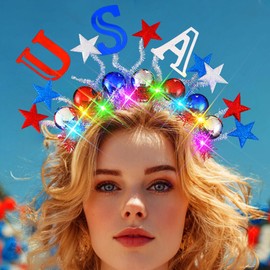 Asooll 4th of July Headband Light Up Ball Hairband USA Red White Blue Star Hair Accessories for Women
