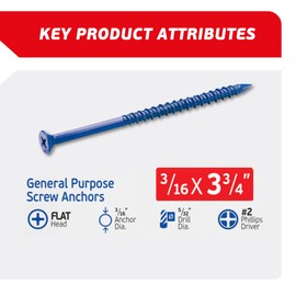 FixMaster 3/16 x 3-3/4" Countersunk Phillips Flat Head Blue Concrete Screw Anchors (100 pcs Screw Kit) with one Screwdriver and Drill Bit for Concrete, Masonry, Block, Brick and Wood Fastening