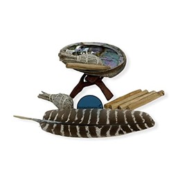 NESSASTORES - Feather Smudge Kit - 6"-7" Abalone Shell + 6" Wood Stand + 2 pcs 3"-4" White Sage + 5 pcs Palo Santo + 1 pc Feather #JC-228 (5 Kits)