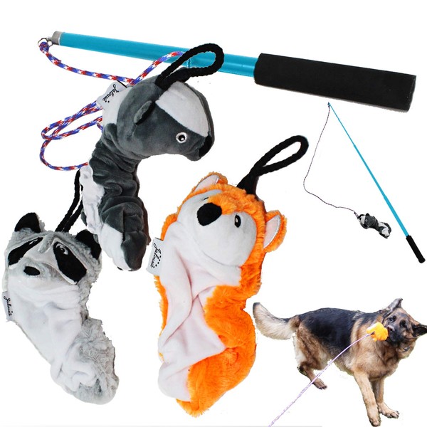 Jalousie Collapsible Dog Flirt Pole with Three Squeaky Toys Plush Toys Dog Teaser Wand Chase it Dog Toy with Refills (Dog Flirt Pole w/ Three Toys) - Upgraded Rope