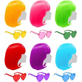6 PCS Short colored Wigs, Bob Hair Wigs with Rimless Heart Shaped Sunglasses, Cosplay Costume Wig Set, Colorful Neon Hairpieces for Women Girls Party Bachelorette Night Club
