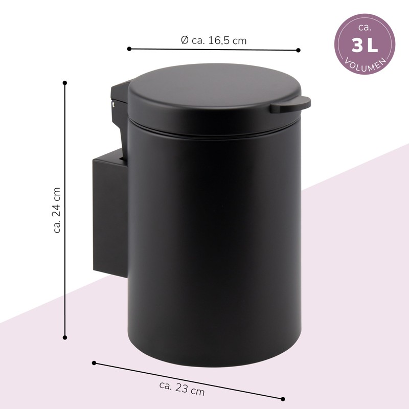 bremermann Wall-Mounted Cosmetic Bin, 3 Litres, Bathroom Bin, 2-Way Mounting,
