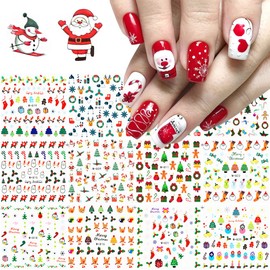 Christmas Nail Art Stickers, Snowflake Nail Decals Water Transfer Winter Nail Stickers Colorful Snowflake Santa Claus Snowman Bell Xmas Tree Sock Elk Nail Tattoo Stickers for Women Girls Kids (12 Sheets )