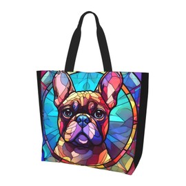 Novgift French Bulldog Stained Dog Breed Glass Art Women Shoulder Handbags Reusable Large Capacity Casual Tote Bag For Shopping Travel