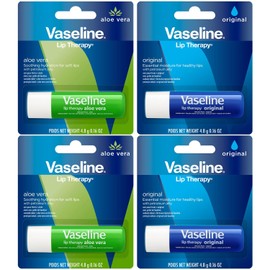 Vaseline Paquete de 4 variedades de terapia de labios, bálsamo labial hidratante original + aloe vera con vitamina E, 0.16 onzas Ea