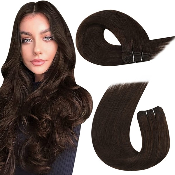 Moresoo Sewing in Hair Extensions 45 cm Hair Bundles Real Human Hair Brown #4 Chocolate Brown Weft Hair Extensions Silky Straight 100 g Double Weft Thick Hair Extensions