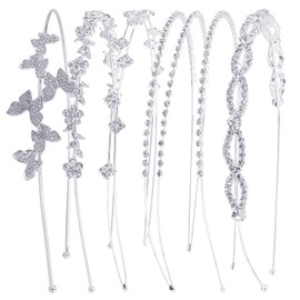 FASOTY 6 Pcs Rhinestone Headbands for Women Silver Bridal Wedding Headband Crystal Headpiece Flower Leaf Butterfly Tiara Crown Wedding Hair Accessories for Women Girls