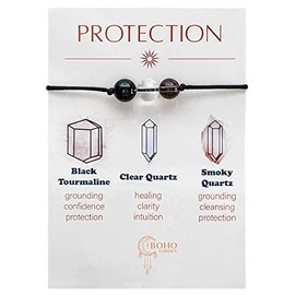 BOHO GARDEN Healing Bead Bracelets for Protection - Spiritual Crystal Beaded Bracelet - Made of 3 Real & Natural Gemstones, Adjustable 3-9.7” Black Rope - Gem Stones Jewelry for Men, Women, Teens (13+) - 8mm Bead