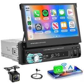 Single Din Wireless Carplay Car Stereo with Bluetooth, Rimoody 7 Inch flip Out Touch Screen Car Radio MP5 Player Support Android Auto, Mirror Link, USB Type-C, TF, EQ, AM FM, Aux-in, SWC Backup Camera