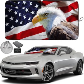 Autoamerics 1-Piece Windshield Sun Shade American Eagle Flag - 2 USA Patriotic Design - Foldable Car Front Window Sunshade for Sedans SUV Truck - Blocks Max UV Rays and Keeps Your Vehicle Cool - Small