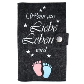 Goldi-Design Deluxe maternity log cover "Wenn aus Liebe Leben Wird..." with extra compartments and closure made from 100% wool felt - made in Germany, charcoal, Classic