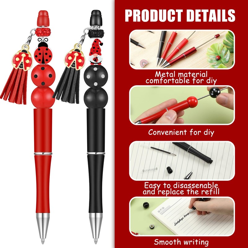 ReliThick 12 Sets Ladybug Beadable Pens Bulk Assorted Bead Pens