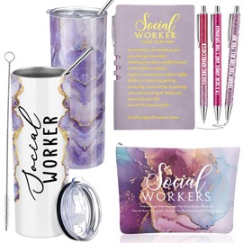 Domensi 6 Pcs Social Worker Appreciation Gifts for Women Include 20 oz Tumbler Makeup Bag A6 Leather Notebook with Ballpoint pens Christmas School Social Worker Gift for Boss Professor Office (Purple)