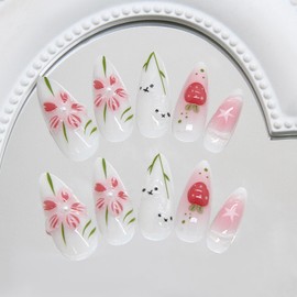 CJDLTS Flower Press on Nails Medium Almond Shaped 3D Cute Floral Blush Strawberry with Glossy Rabbit Pearl Stick on Nails Full Cover Artificial Acrylic Fingernails Glue on Nail for Women Manicure