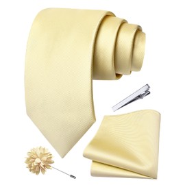 Branduce Light Yellow Tie Set for Men Wedding Solid Plain Necktie Pocket Square Tie Clip and Lapel Pin Brooch Set (TA15-43)