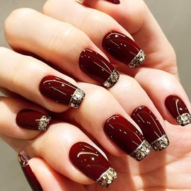 24Pcs Medium Coffin Dark Red Acrylic False Nails Valentines Press on Nails Gold French Tips Stick on Nails Glossy Gold Glitter Fake Nails Romantic Valentines Gel Glue on Nails for Women Girls