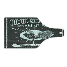 Lunarable Retro Cutting Board, Chalkboard Art Morning Rooster in Retro Style Inspirational Phrase Print, Decorative Tempered Glass Cutting and Serving Board, Wine Bottle Shape, Black and White
