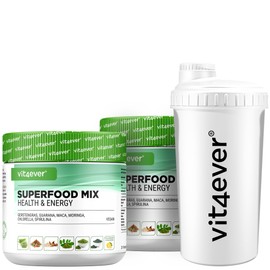 2x Kombination aus Superfoods + Premium Shaker - Mit Gerstengras, Guarana, Maca, Chlorella, Spirulina, Moringa - 100% natürlicher Power Smoothie - Mit Zitronen Aroma - Vegan (2x 420g)