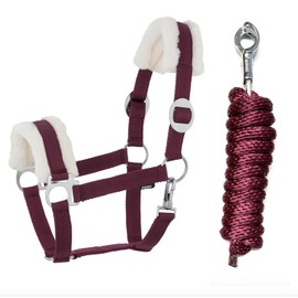 JA Horse Faux Fur Halter Lead Rope Set with Panic Hook Adjustable Horse Halter Horse Wooden Horse Tie Rope (Faux Fur Panic Hook Burgundy, Cob)